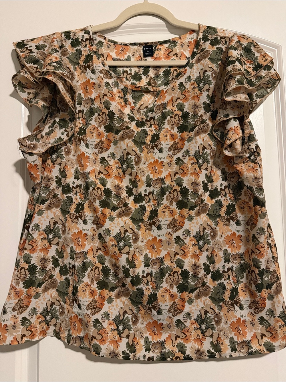 SHEIN Cream Floral Ruffle Sleeve Blouse with Green & Orange Print